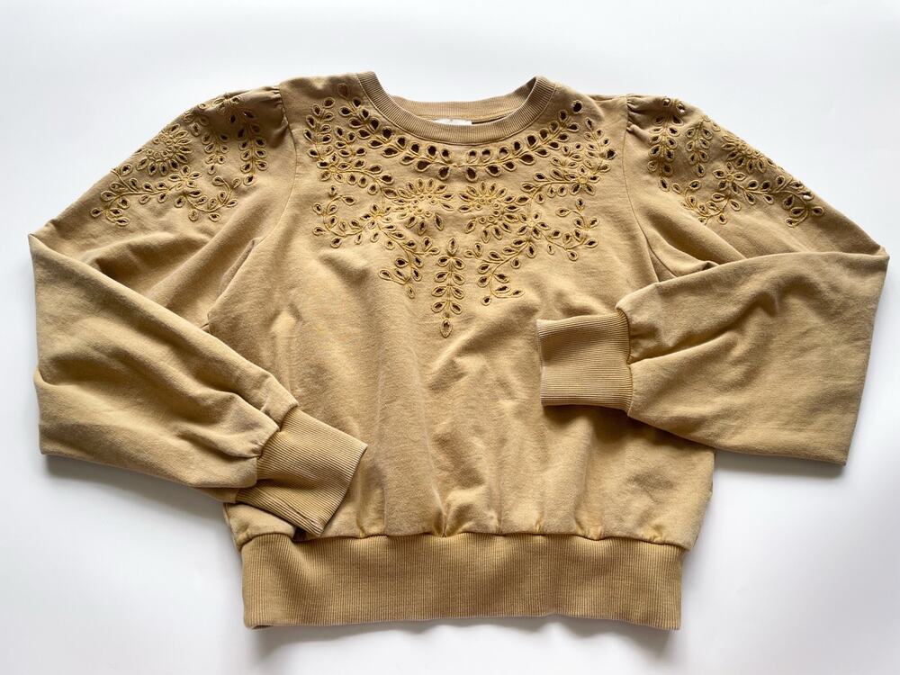 The Odells Anthropologie Mustard Yellow Eyelet Crewneck Sweatshirt Oversized Sm.
